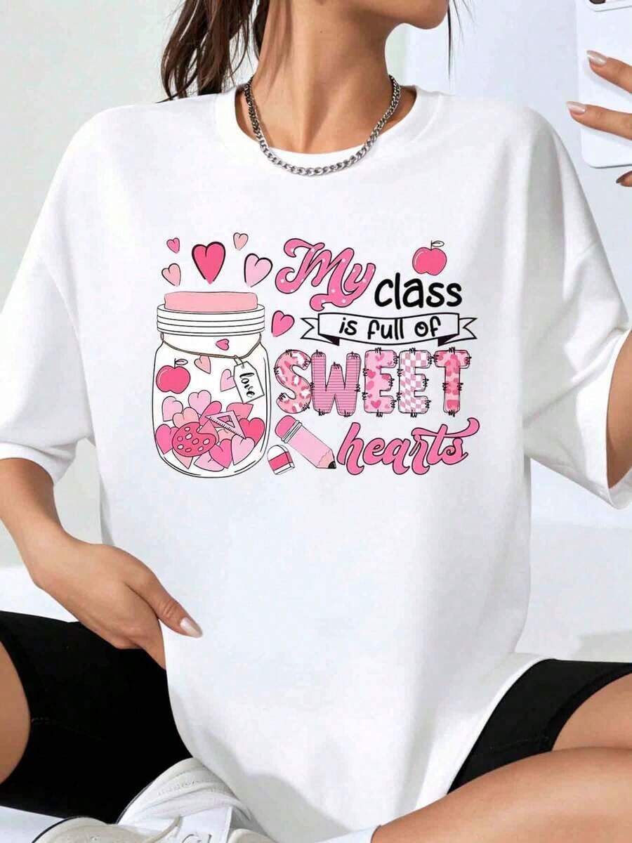My Classroom Is Full Of Sweet Hearts, Valentine's Day Teacher T-Shirt For Women, Heart Jar Design, T-Shirt, Valentine's Day Gift For Teachers - 白色 - 查看 1