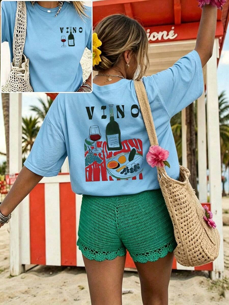 Women's Casual Graphic Short Sleeve T-Shirt, Streetwear Style, Cute Summer Top, ChristmasPrinted Round Neck Short Sleeve Women's Tee - Daily Casual, S - 天藍色 - 查看 1
