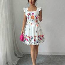 Vestido casual de vacaciones con estampado floral, sin mangas, cuello cuadrado, cintura ceñida y volantes en el bajo, adecuado para carnaval, Día del Trabajo, Pascua, vuelta al colegio, Día del Maestro, estudiante, campus, viaje, verano - Multicolor - Ver 4