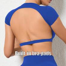 Hearuisavy Breathable Summer Sports T-Shirts, Workout Tops, Activewear, Backless Yoga Clothes, Women's Sports Crop Tops, Gym Top - 藍色胸墊 - 查看 12