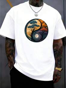 Crew Neck T-Shirt With A Yin-Yang Life And Death Pattern Print, Made Of Soft, Medium-Stretch Fabric, Regular Fit, Ideal For Everyday Casual Wear, Men's Clothing, Parties, The Beach, And Outdoor Sportswear. | Casual Wear For All Seasons, Plus Size - 白色 - 查看 1