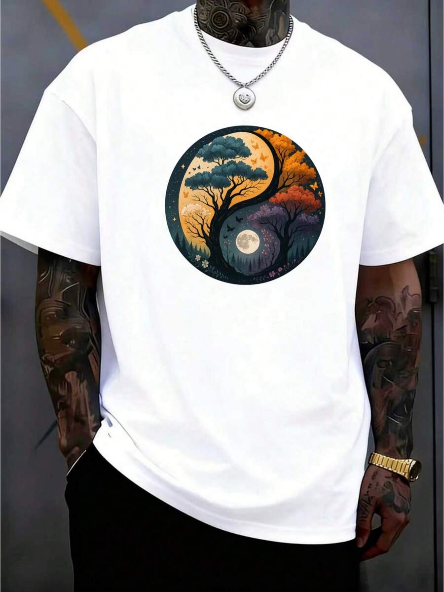 Crew Neck T-Shirt With A Yin-Yang Life And Death Pattern Print, Made Of Soft, Medium-Stretch Fabric, Regular Fit, Ideal For Everyday Casual Wear, Men's Clothing, Parties, The Beach, And Outdoor Sportswear. | Casual Wear For All Seasons, Plus Size - 白色 - 查看 1