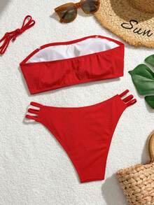 Bộ 2 món bikini dây mảnh màu đỏ có họa tiết, quần bơi cạp cao nhiều dây buộc, có thể tháo rời. - Đỏ - Xem 3