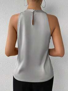 Blusa de crepé champán con cuello fruncido, sin mangas, elegante y sencilla para la oficina, para uso diario y de oficina - Gris - Ver 2