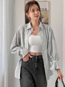Camisa con volantes y hombros caídos a rayas verticales, blusas de manga larga, ropa de otoño - Gris Claro - Ver 10