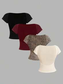 4 piezas Camisetas de mujer minimalistas y casuales con estampado de leopardo negro y verde, cuello redondo ajustado de color verde helado con espalda descubierta y hueco, adecuadas para usarse como camiseta interior o prenda exterior en verano - Multicolor 18 - Ver 1