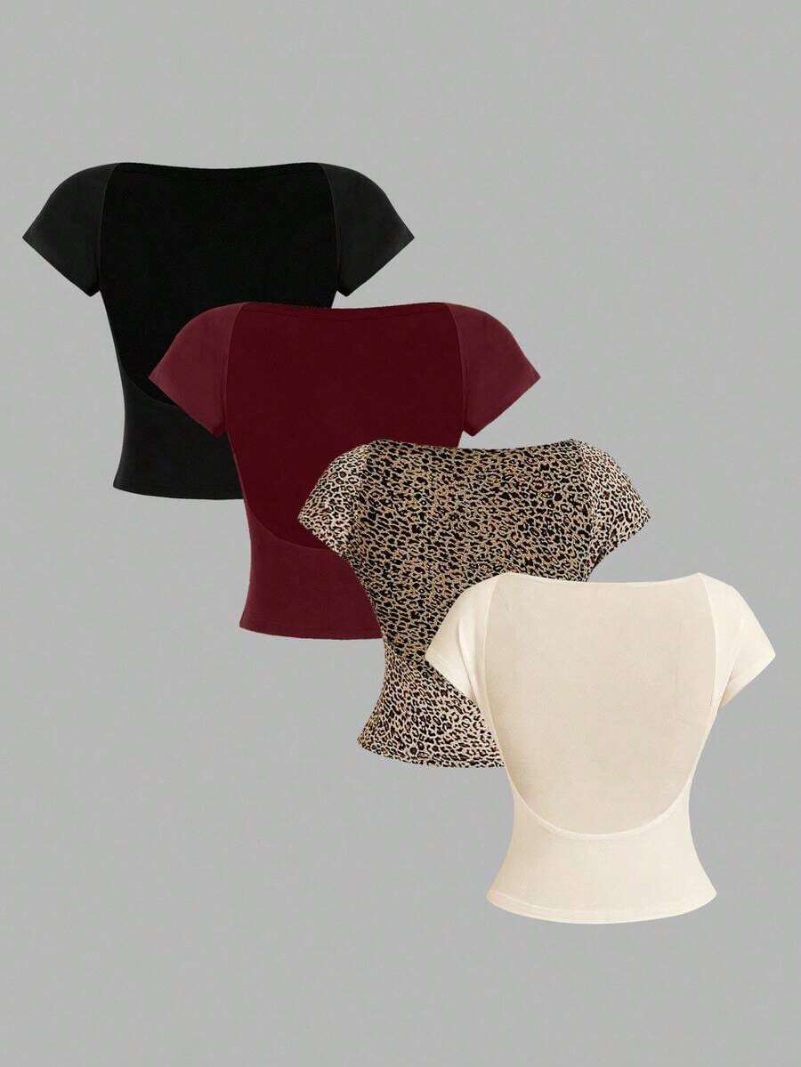 4 piezas Camisetas de mujer minimalistas y casuales con estampado de leopardo negro y verde, cuello redondo ajustado de color verde helado con espalda descubierta y hueco, adecuadas para usarse como camiseta interior o prenda exterior en verano - Multicolor 18 - Ver 1
