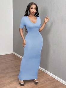 Vestido ajustado corto de manga corta con cuello en V liso para baile de graduación - Celeste - Ver 5