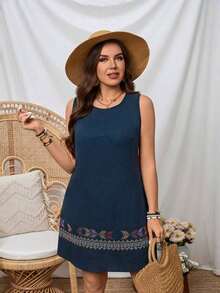 Vestido casual sin mangas de cuello redondo con decoración bordada, talla grande, perfecto para vacaciones - Azul marino - Ver 2