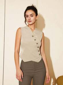 Chaleco corto de mujer de estilo casual de primavera/verano con botones diagonales, estilo de dinero viejo para negocios y ocio - Albaricoque - Ver 6