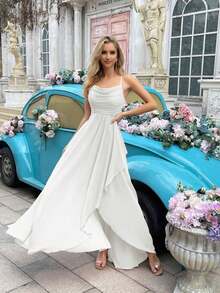 Vestido formal elegante y minimalista para mujer, vestido de dama de honor de verano, adecuado para bodas, invitados, galas, eventos formales, fiestas de compromiso, bodas de jardín - Vestido largo de dama de honor con cuello drapeado, bajo asimétrico y tirantes, unicolor, primavera - Blanco original - Ver 6