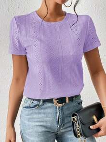 Camiseta blanca de cuello redondo con bordado de ojales, minimalista para ir a la oficina, estilo antiguo y sencillo - Morado - Ver 5