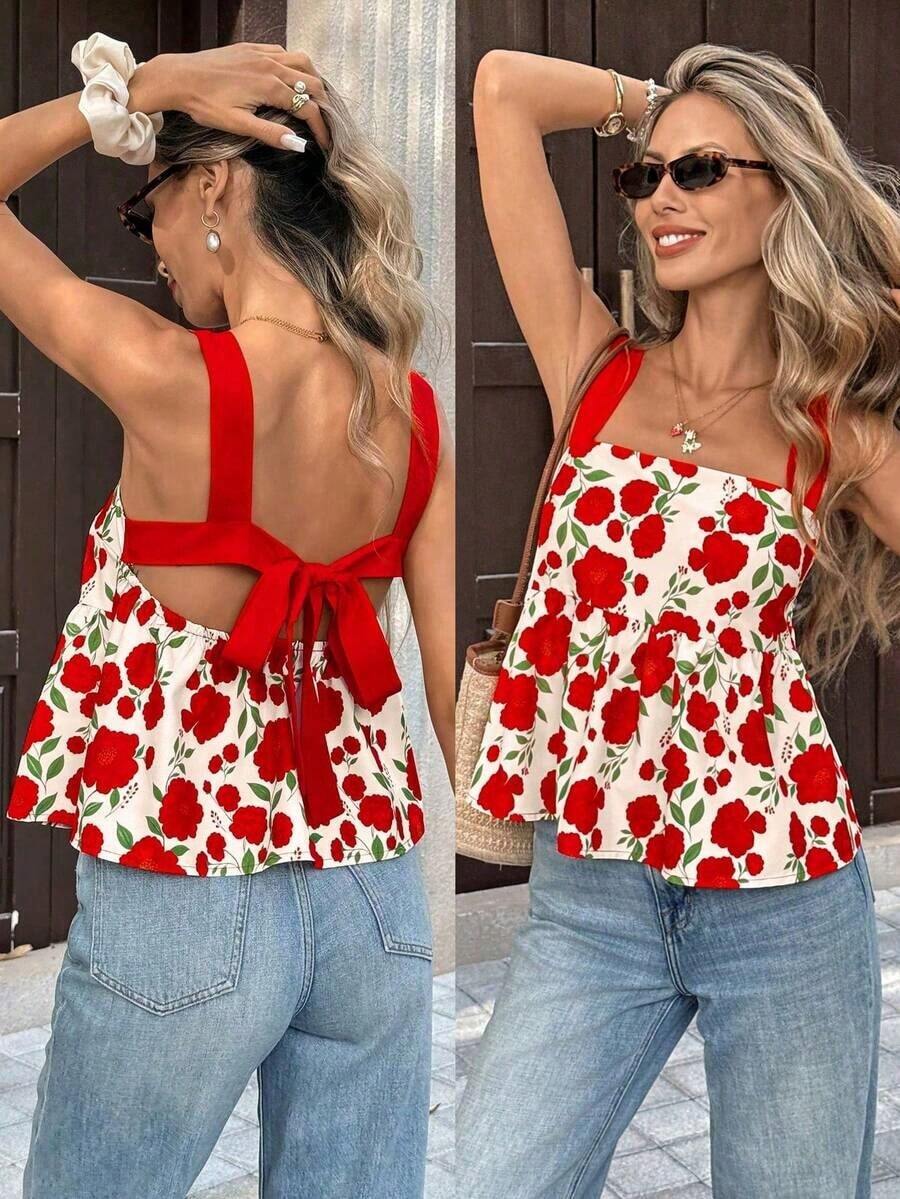 PariChic Parte superior sin tirantes con estampado floral rojo para damas, primavera y verano, con diseño de espalda abierta con lazo, hecha de tela con fondo blanco y estampado floral, con tirantes anchos rojos y diseño de falda con cintura fruncida, estilo fresco adecuado para citas de primavera y verano, escenas de vestimenta casual.Las características del producto incluyen: Parte superior sin tirantes con estampado floral para damas, parte superior corta con decoración de cinturón rojo, parte superior con falda fruncida en la cintura, parte superior fresca de primavera y verano, parte superior versátil casual. - Multicolor - Ver 1