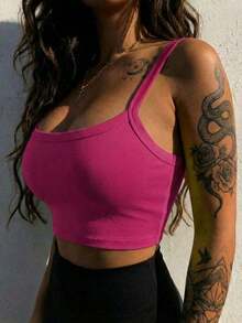 Camiseta corta de tirantes gruesos simple para mujer, adecuada para primavera/verano, estilo casual/streetwear/Y2K, apta para oficina/hogar/streetwear/discoteca y otras ocasiones, color negro - Rosa Roja - Ver 12