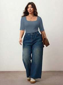 Camiseta de manga corta de cuello cuadrado de ajuste ceñido y elástica para mujer de talla grande, camiseta primavera y verano amigable con la piel, compatible con curvas redondeadas del Body, compatible con la forma del Body redondeada de Apple/20 - Azul marino - Ver 5
