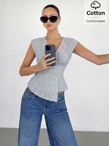 Camiseta de tirantes con estampado de rayas para mujer, ideal para el uso diario - Niebla azul - Ver 6