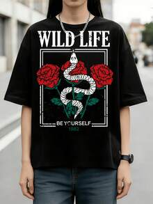 Retro Snake & Roses Wild Life Graphic Cotton Summer T-Shirt - Black - View 6