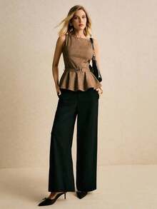 Blusa sin mangas elegante y casual con dobladillo con volantes, para verano - Marrón - Ver 2