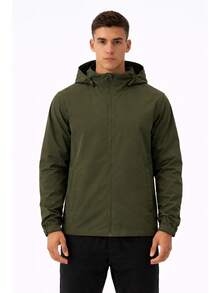 Men's Waterproof Windbreaker With Removable Hood, Sportswear For Gym Or Running - 軍綠色 - 查看 1