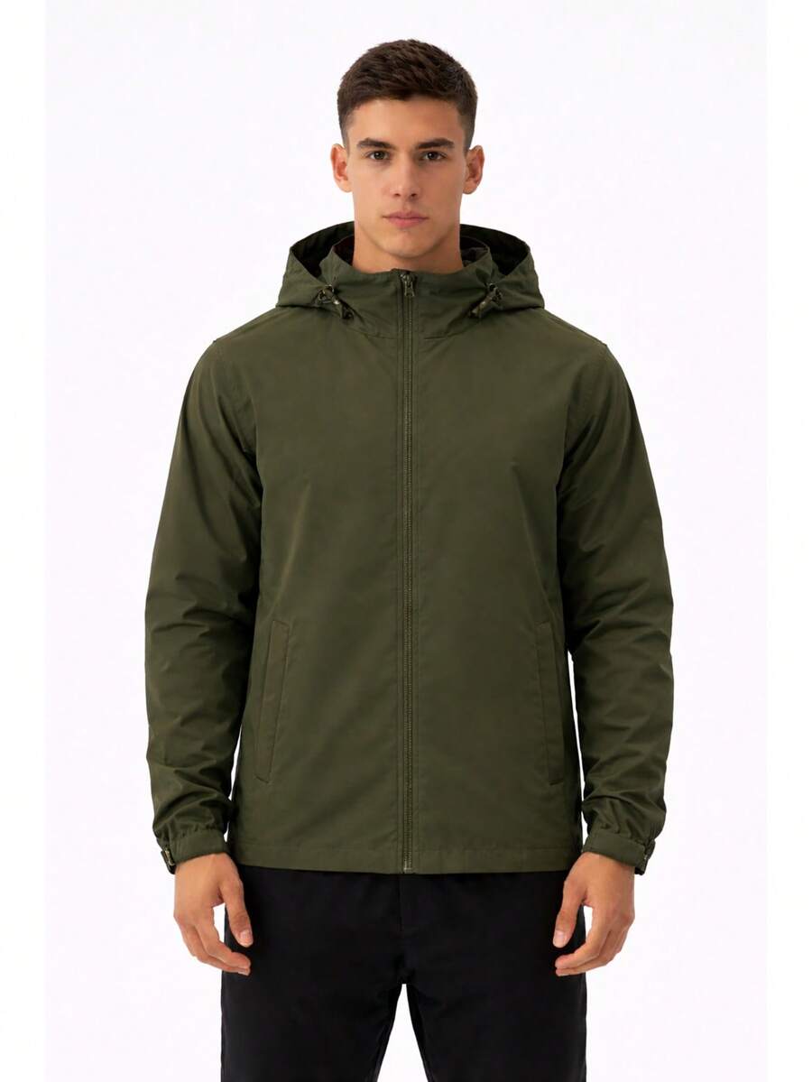 Men's Waterproof Windbreaker With Removable Hood, Sportswear For Gym Or Running - 軍綠色 - 查看 1