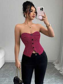 Top corto sin mangas con botones delanteros y estampado de pata de gallo, para uso en oficina o viajes, de moda para el verano - Rosa Fucsia - Ver 7