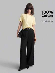 Camiseta casual de mujer de manga corta con cuello redondo, diseño de rayas de palillo de dientes de unicolor, adecuada para uso casual urbano de primavera/verano, moda minimalista, viajes de oficina, sencillez elegante, atuendo para el Día d - Amarillo - Ver 4
