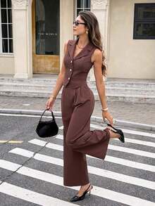 Conjunto de 2 piezas de top sin mangas y pantalones de unicolor casual y de oficina para mujer, para verano - Marrón - Ver 8