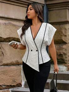 Camisa elegante de mujer talla grande con cuello en V, bajo asimétrico, diseño de rayas y parches, con encaje transparente en la parte delantera, adecuada para uso diario, oficina y citas, primavera/verano - Albaricoque - Ver 1