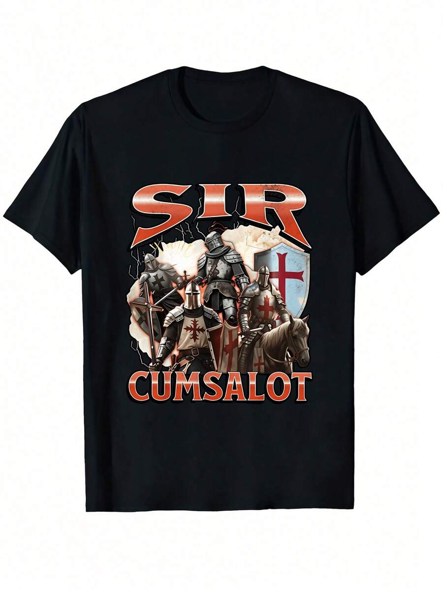 Unisex T-Shirt With Sir Cumsalot Knight Meme, Medieval Humor, Knight Print, Casual Wear, Crew Neck, Short Sleeve, Machine Washable, All Season Comfort - 黑色 - 查看 1