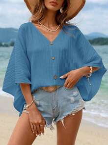 Blusa de manga de murciélago con cuello en V y textura para tallas grandes - Agua verde azul - Ver 6
