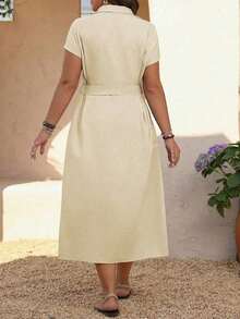 Vestido casual de talla grande para mujer con cinturón de unicolor - Albaricoque - Ver 2