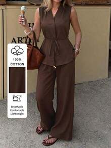 Conjunto de 2 piezas elegante de algodón para mujer con cintura anudada, top sin mangas con cuello en V y volantes, y pantalones anchos de pierna ancha, para uso casual en el trabajo, vacaciones, verano en color marrón - Marrón - Ver 1