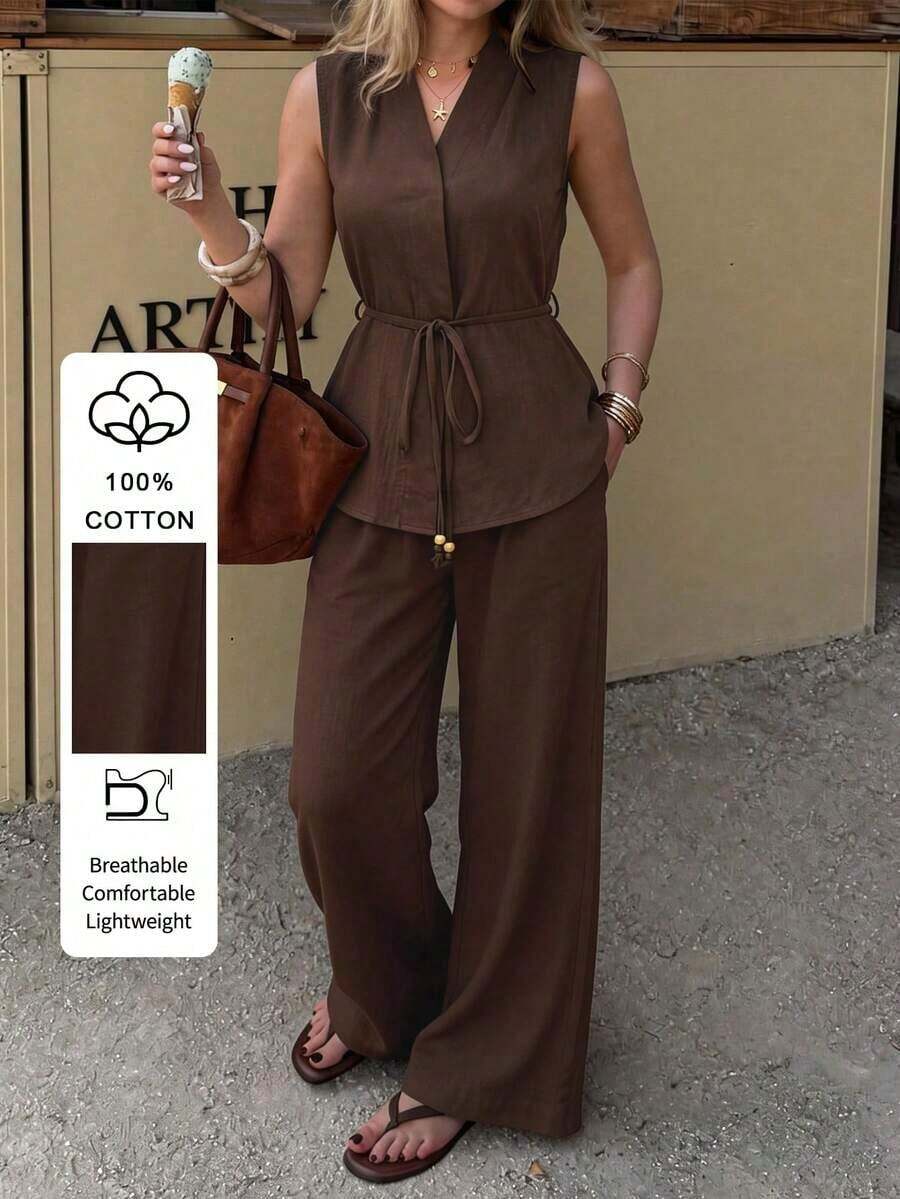 Conjunto de 2 piezas elegante de algodón para mujer con cintura anudada, top sin mangas con cuello en V y volantes, y pantalones anchos de pierna ancha, para uso casual en el trabajo, vacaciones, verano en color marrón - Marrón - Ver 1
