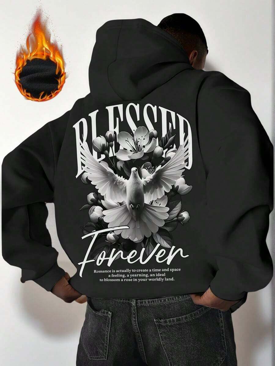 Men's Casual Fashion StreetStyle Hoodie, Graphic Print, Kangaroo Pocket, Drawstring Design, Fall Style - Black - View 1