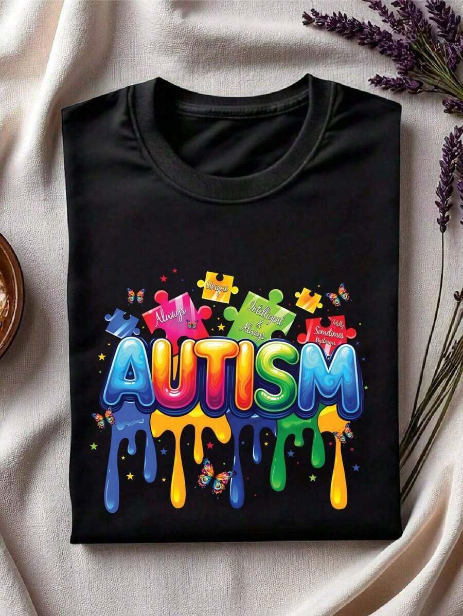 Women's Short-Sleeved T-Shirt With Round Neck, Printed Design, Made Of 100% Pure Cotton Fabric, Soft And Drapey, Suitable For Daily Wear, Office, School, Vacation, Camping, Versatile Style, Short Sleeves Make Your Summer More Vibrant And Colorful. - 黑色 - 查看 1