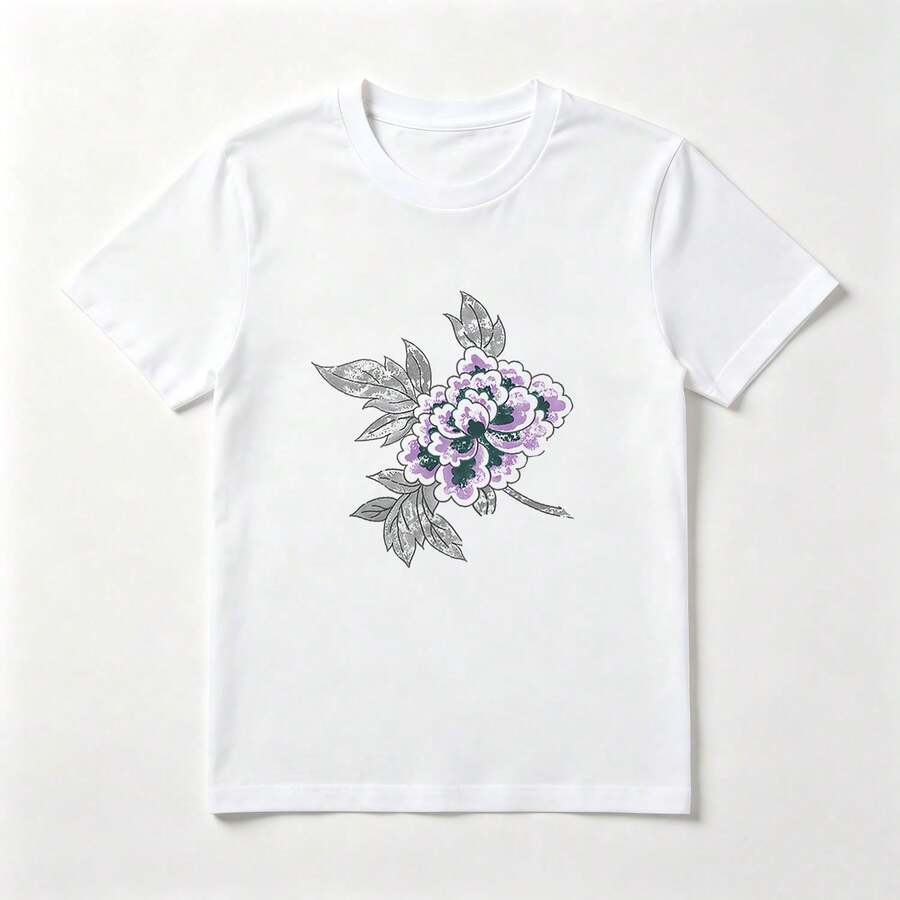 Flor Morada Playera de Algodón Blanca con Efecto Desgastado - Blanco - Ver 1