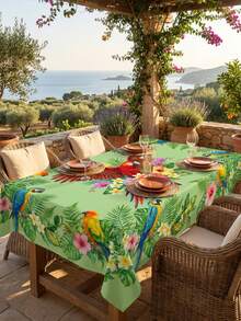 1pc Tropical Rainforest Parrot Print Rectangular Tablecloth, Bright Green Bird & Floral Pattern, Outdoor Picnic Camping Decor, Summer Party Stain-Resistant Home Dining Table Mat - Green - View 5