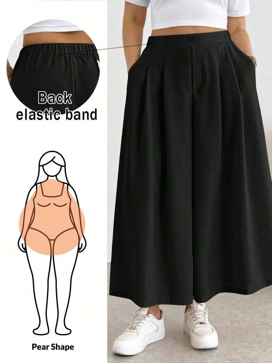 Pantalones/faldas cortas plisadas de cintura elástica, cómodos y sueltos, de estilo básico y versátil, para uso diario, que estilizan la figura, en color albaricoque, para mujeres de talla grande, para primavera/verano - Negro - Ver 1