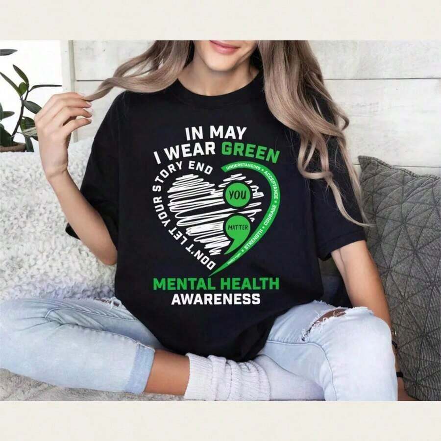 1 Piece T-Shirt For Mental Health Awareness, Oversized Green T-Shirt With Boho Floral Design, Floral Graphic T-Shirt, Invisible Illness, Gift For Therapists, 180g 100% Cotton, Designs Are Printed. Unisex. - 黑色 4 - 查看 1