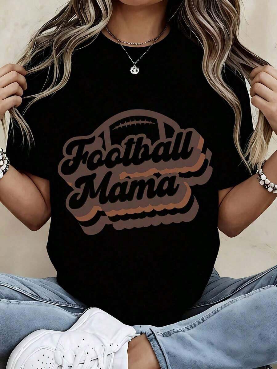 Camiseta Casual de Cuello Redondo Blanca de Manga Corta con Diseño Estampado 'Football Mama' 100% Algodón Resistente - Negro - Ver 1