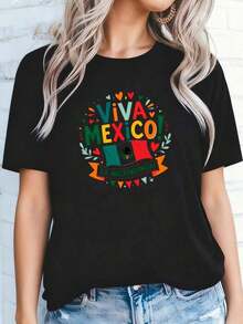 Camisetas Casuales para Mujer con la Bandera de la Independencia de México y Corazones, 100% Transpirables y a la Moda - Negro - Ver 7