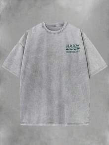 Men's Washed Cotton T-Shirt - Retro Style With "Offshore Slam" Fishing Graphic | Soft And Breathable 230g Summer Casual Sets | Men's Short Sleeve T-Shirt, Urban Style (Retro Style, Thick Fabric, Unisex) - 灰色 - 查看 2