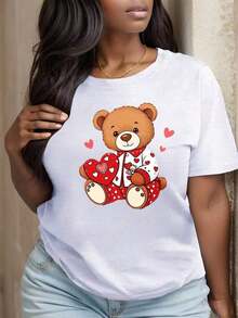 Women's Printed Crew Neck T-Shirt, Teddy Bear Holding A Heart Design With Love Pattern, Party And Festival Wear - Urban Vintage Style, Unisex, Cotton, Short Sleeve, Crew Neck, Blouses For Women. Blouses. Casual Blouses For Ladies. Care Bear Print. Printed T-Shirt Care Bear Print. - 白色 - 查看 4