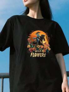 Camiseta de algodón básica con cuello redondo para mujer, con estampado de atardecer, vaquera montando a caballo, flores silvestres y caballos salvajes. Adecuada para primavera, verano y otoño. - Negro - Ver 7