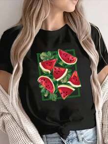 Lightweight And Durable Short-Sleeved T-Shirt Adorned With A Watermelon Print, Ideal For Summer Activities, Casual Outings, Beach Trips, Or Everyday Wear. Features A Vibrant Fruit Design On A Soft Material. Suitable As A Gift. Women's T-Shirt. Blouses > Elegant. Boho Chic. Soft, Breathable, And Comfortable Women's Top, Ideal For Spring, Summer, And Fall, Perfect For Vacations, Travel, And Everyday Wear. - 黑色 - 查看 7