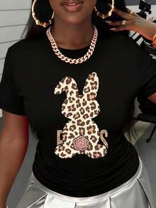 Camiseta con Estampado de Conejo y Leopardo para Mujer, Corte Holgado, Manga Corta, Estilo Casual, Moda de Verano, Camiseta con Patrón Animal - Negro - Ver 2