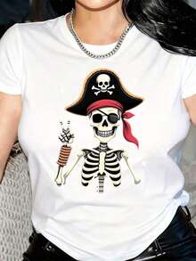 Camiseta con Estampado de Esqueleto Pirata para Mujer - Top Casual Negro de Manga Corta con Cuello Redondo y Diseño de Calaveras y Huesos Cruzados, Moda Primavera-Verano, Ropa Casual, Camiseta con Estampado de Calaveras, Cuello Redondo, Accesorios Piratas - Blanco - Ver 1