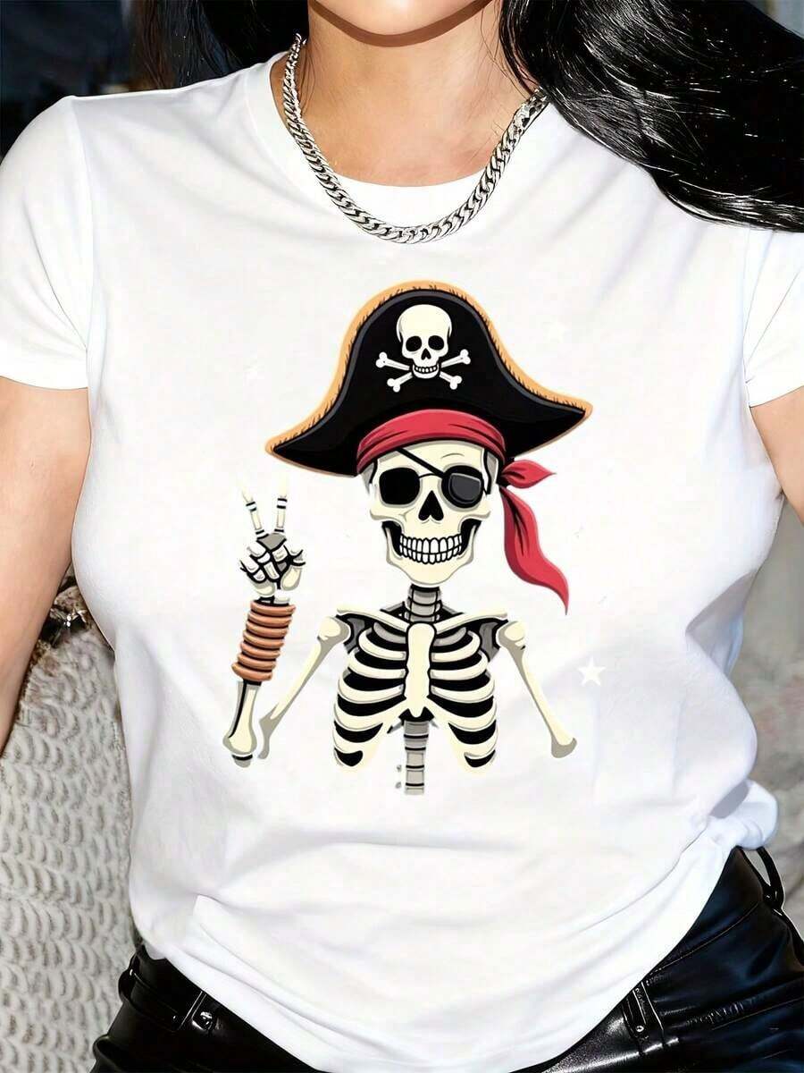 Camiseta con Estampado de Esqueleto Pirata para Mujer - Top Casual Negro de Manga Corta con Cuello Redondo y Diseño de Calaveras y Huesos Cruzados, Moda Primavera-Verano, Ropa Casual, Camiseta con Estampado de Calaveras, Cuello Redondo, Accesorios Piratas - Blanco - Ver 1