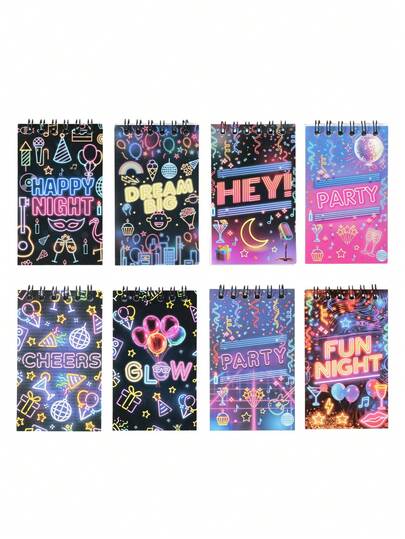 8 cuốn sổ tay mini lò xo phát sáng neon, thiết kế sổ tay lò xo phát sáng với hình quả cầu disco, chữ neon ("Happy Night" & "Fun Night") và hình in tiệc tùng, sổ tay lò xo mini, thích hợp cho các bữa tiệc sinh nhật phát sáng, disco & neon, đồ dùng tiệc sinh nhật, trang trí đám cưới, quà tặng tiệc cưới, trang trí tiệc mừng em bé, sử dụng hàng ngày tại nhà, đồ dùng văn phòng, danh sách mua sắm, ghi chép hàng ngày, trang trí ngày lễ.