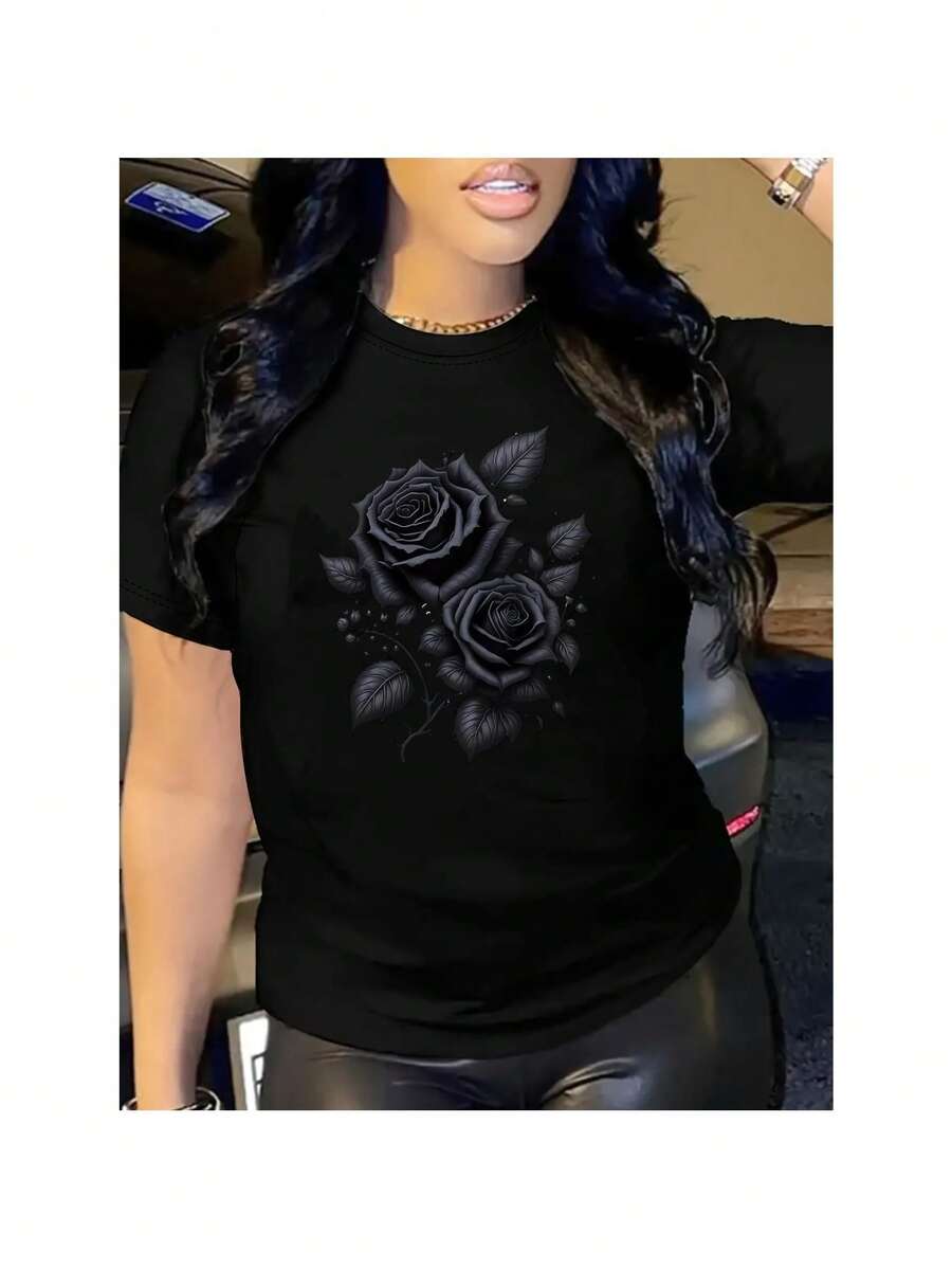 Short Sleeve Floral Print Crew Neck Casual Polyester T-Shirt - Women's Spring &Amp; Summer Top - Black - View 1